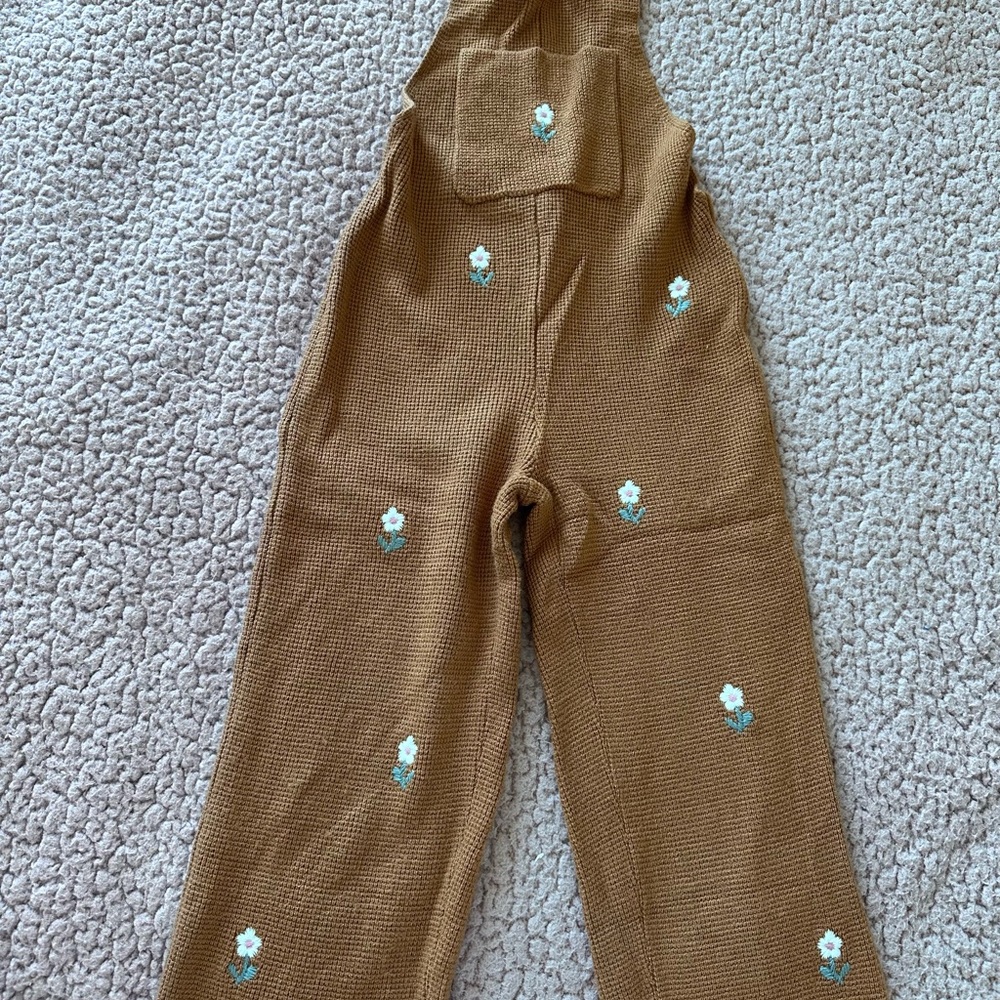 Zara Brown Knit Overalls with Floral Embroidery